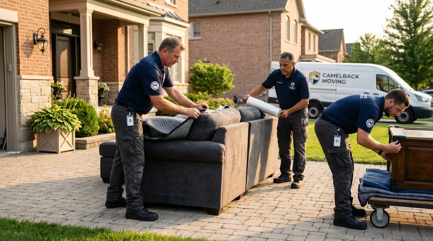 Large estate moving crew wrapping furniture in Corning, NY