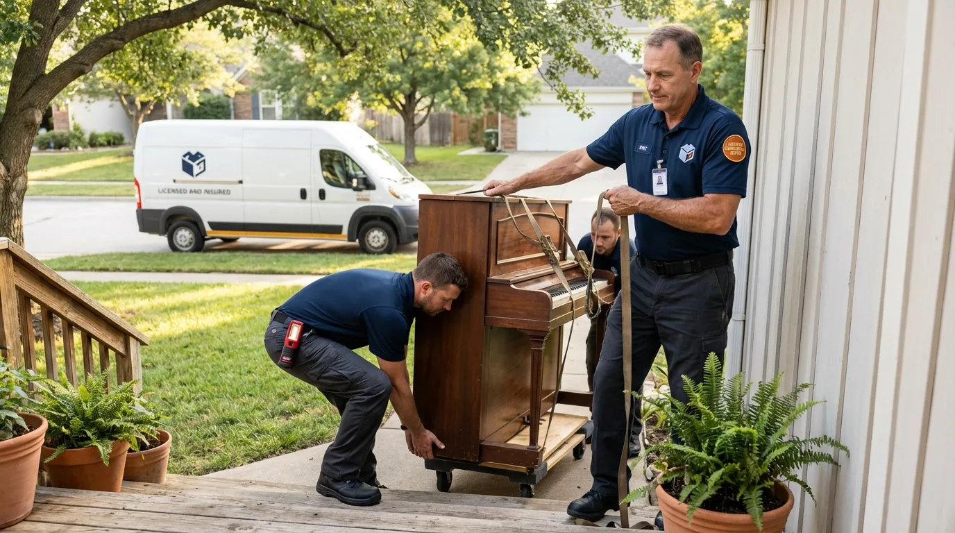Licensed piano movers securing grand piano in Corning, NY
