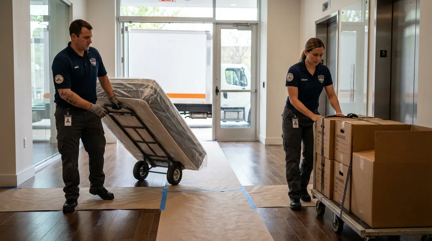 Professional apartment movers loading elevator in Corning, NY